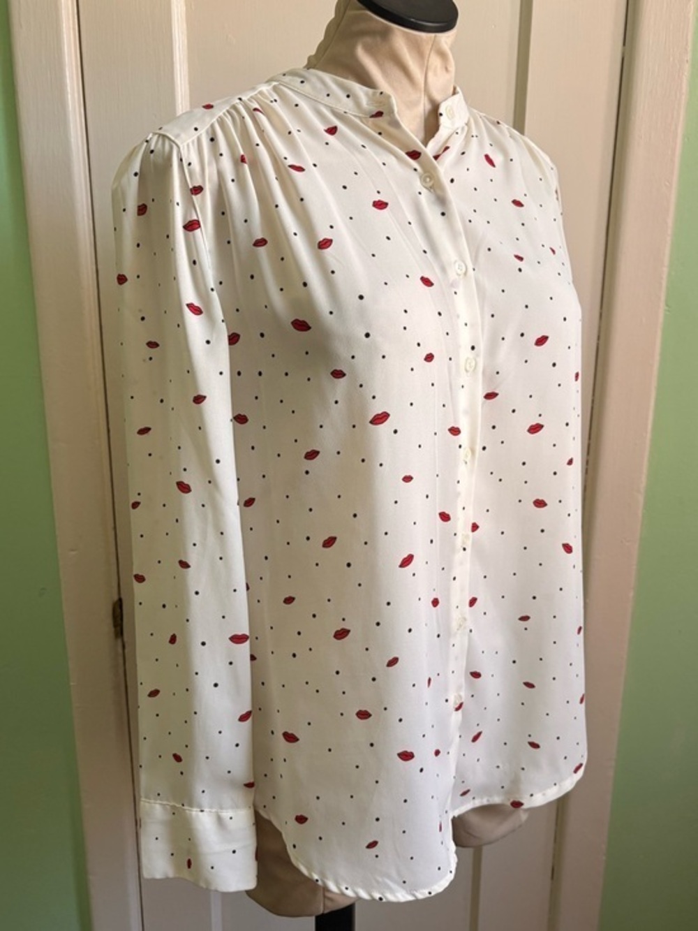 Faded Glory Cream Blouse with Black Polka Dots and Red Lip Print
